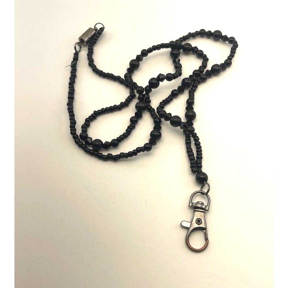 Vintage Long Black Beaded Bead Lanyard Card Holder Key Ring B6